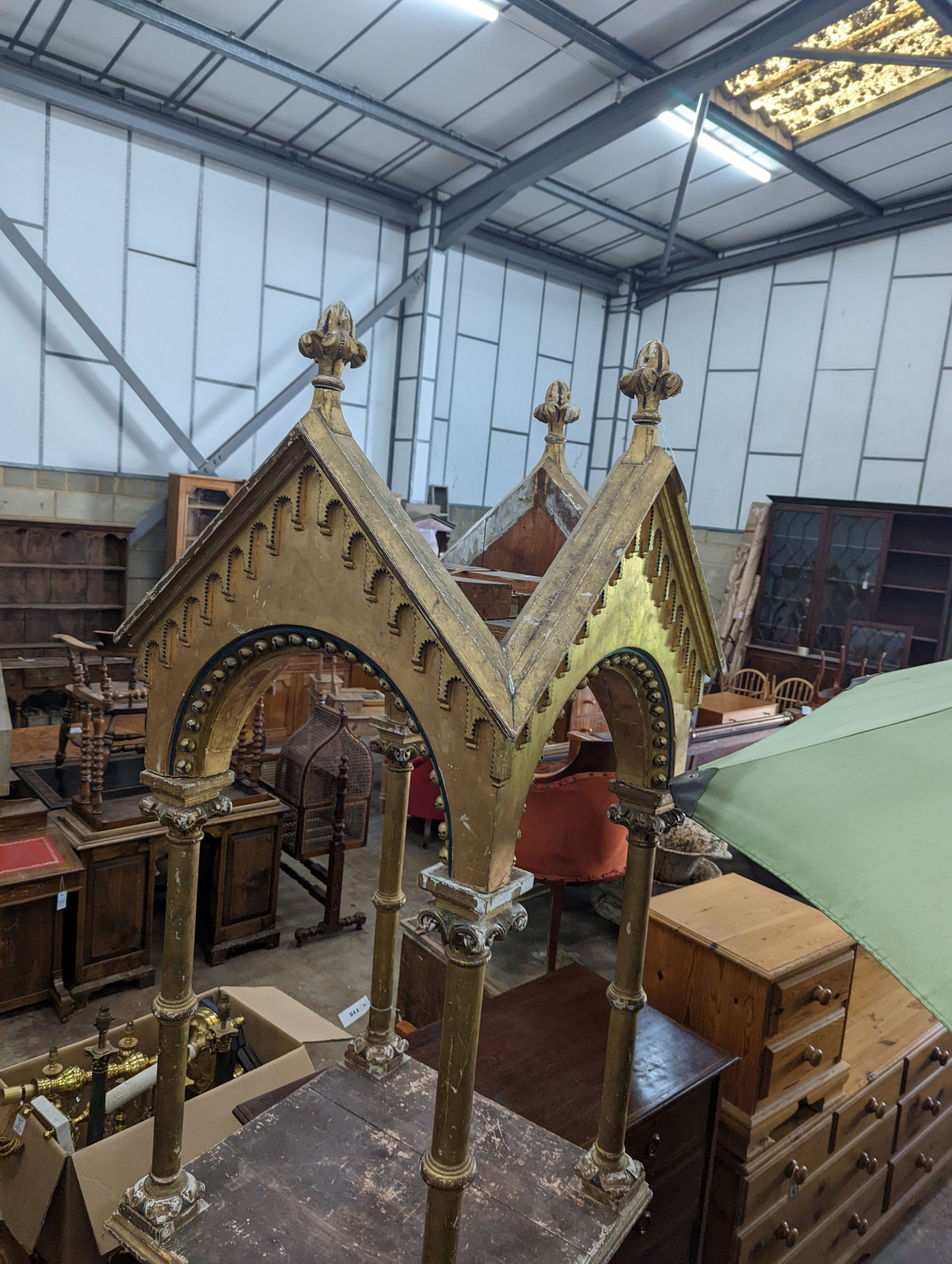 A Victorian carved giltwood and gesso shrine, width 68cm, depth 69cm, height 150cm
